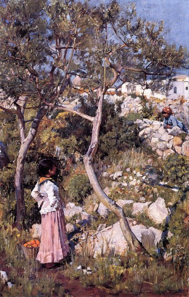 Two Little Italian Girls by a Village  1875